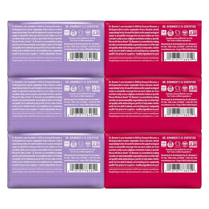 Dr. Bronner's - Pure-Castile Bar Soap, Rose 5 Ounce (3) and Lavender 5 Ounce (3) - Made with Organic Oils, For Face, Body and Hair, Gentle and Moisturizing, Biodegradable, Vegan, Cruelty-free, Non-GMO