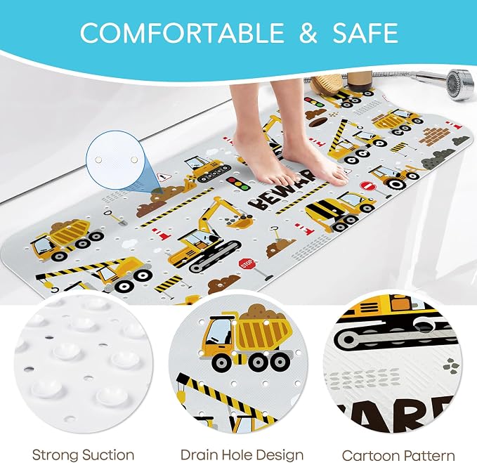 SHUCHING Baby Bath Mat for Tub Non Slip-40 X 16 Inch, Kids Bathtub Mat Mold Free, Long Shower Mat Anti Slip for Bathroom, Machine Washable, Vehicle
