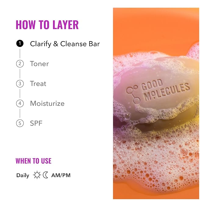 Good Molecules Clarify and Cleanse Bar - Soap Free Bar with Salicylic Acid, BHA for Skin Tone Balancing and Cleansing - Body and Facial Cleanser, Skin Care for Face