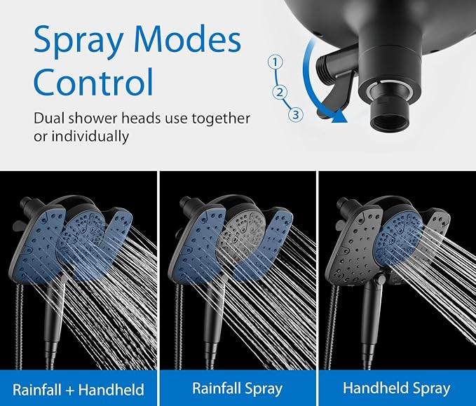 INAVAMZ Black Shower Heads with Handheld Spray Combo 2.5GPM: 10” Rainfall Shower Head & Detachable Shower Head, 9 Spray Settings Handheld Shower Head with ON/OFF Switch and 15-Stage Filter