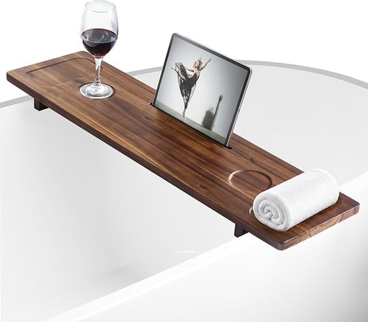 Acacia Wood Bathtub Caddy Tray for Tub, 34.6" Adjustable Bath Tray with Tablet Slot, Wine Glass Holder, Anti-Tip Legs, Spa Bath Table for Relaxing Bath Time