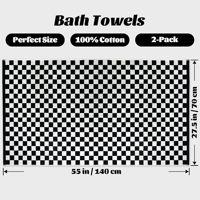 Jacquotha Black and White Checkered Cotton Bath Towels Set of 2 - Cute Aesthetic Towels for Bathroom Decor, Pool, Beach, Spa, 27.5" x 55"