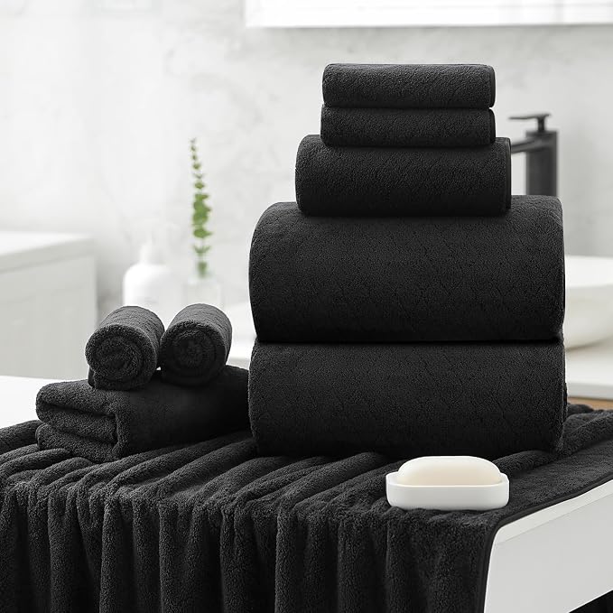 Luxury Bath Towels Set - 12 Piece (4 Large Bath Towels,4 Hand Towels,4 Washcloths), 100% Microfiber,Extra Absorbent Super Soft & Quick Dry,Complete Family Pack for Bathroom Gym Pool,Black