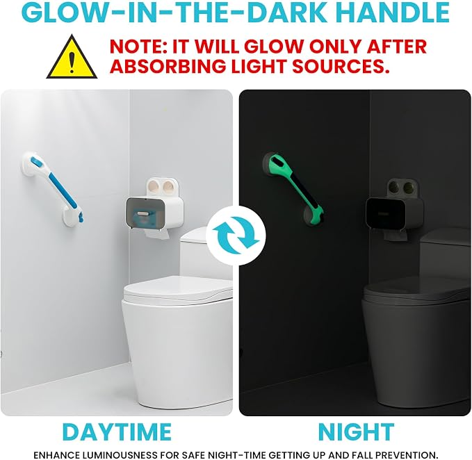 TAILI Shower Grab Bar Glow in The Dark, 16.8 in Grab Bars for Bathtubs, Shower Handles Bath Rails for Seniors and Elderly, Bathroom Safety Grip Removable No Drilling Waterproof Blue,G9