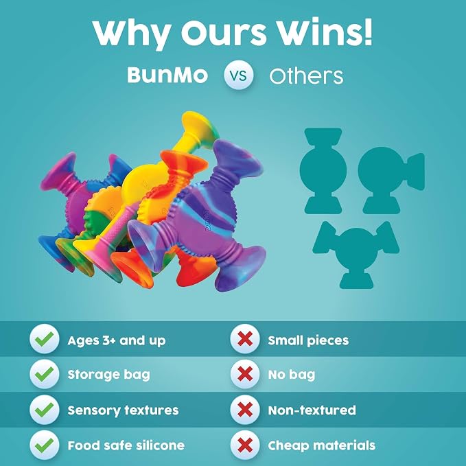 BUNMO Rainbow Textured Suction Toys – 10 Pack | Bath Toys and Suction Toys | Silicone Kids Bath Toys for Kids Ages 3+ | Bathtub Toys, Shower Toys & Travel | BPA-Free