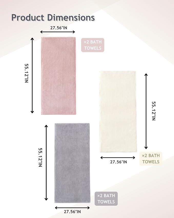 sakano 6-Piece Colorful Microfiber Bath Towel Set - Fast-Drying, Super Absorbent & Non Shedding Towels for Family, Gym, Spa and Salon -White+Pink+Light Gray, 28x55 Inches