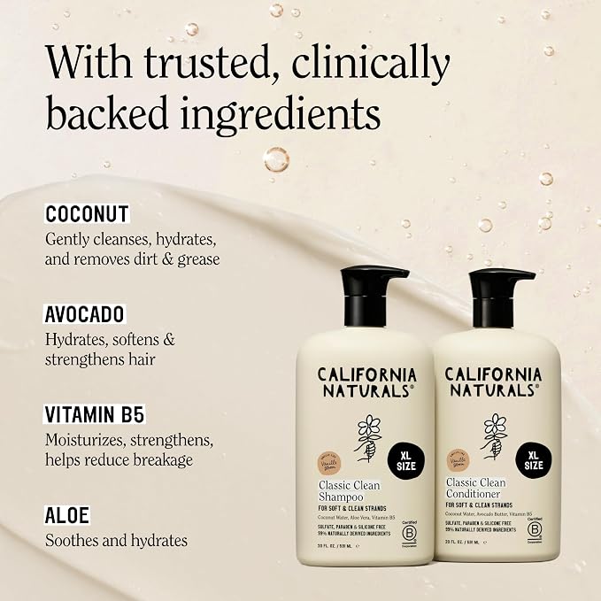 California Naturals Classic Clean Vanilla Bloom Shampoo & Conditioner Set, Natural, Vegan, Cruelty, Silicone, Paraben, and Sulfate Free Shampoo, All Hair Types, 20 Fl Oz (Pack of 2)
