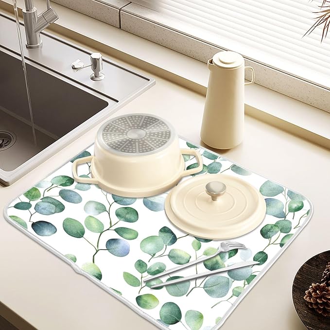 Eucalyptus Leaf Morandi Dish Drying Mats for Kitchen Counter Small Drying Mat for Dishes Microfiber Dish Rack Mat Drainer Pad Washable Foldable Ultra Absorbent Dry Mat 18"x16"