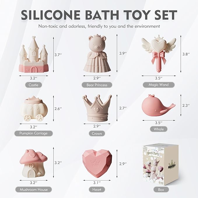 MarcZero Princess Silicone Bath Toys 8Pcs for Toddlers Kids Babies,Bathtub Water Toys,Soft Squeezable Easy-Grip Pool Toys Set (Pink)
