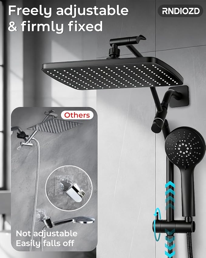 11.8" Rain Shower Head with Handheld, High Pressure Handheld Shower with Multi Spray Modes, Rainfall Combo with Metal Extension Arm, Detachable Dual Showerhead, Bathroom Decor, Matte Black