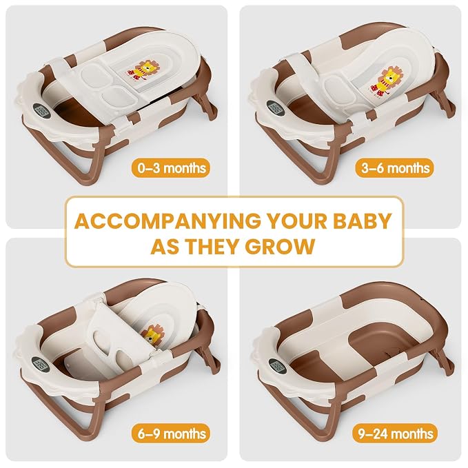 TPN Collapsible Baby Bathtub for Infants to Toddler with Real-time Temp Monitor+Floating Cushion 1 (Brown, Little Lion)