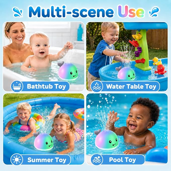 Gigilli Baby Bath Toys, Magnetic Rechargeable Bath Toys for Kids, Toddler Bathtub Pool Water Table Toys Sprinkler, Infant Boy Girl Gifts, Light Up Whale Bath Toy for Babies