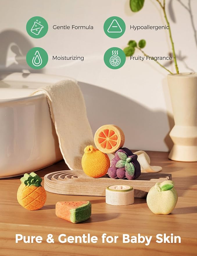 Momcozy 14 Count Natural Fruit‑Shaped Bath Bomb with Premium Essential Oils, Educational & Playful Bath Time Essentials, Kid‑Friendly Bath Fizzies Gift Set in 7 Adorable Fruit Designs
