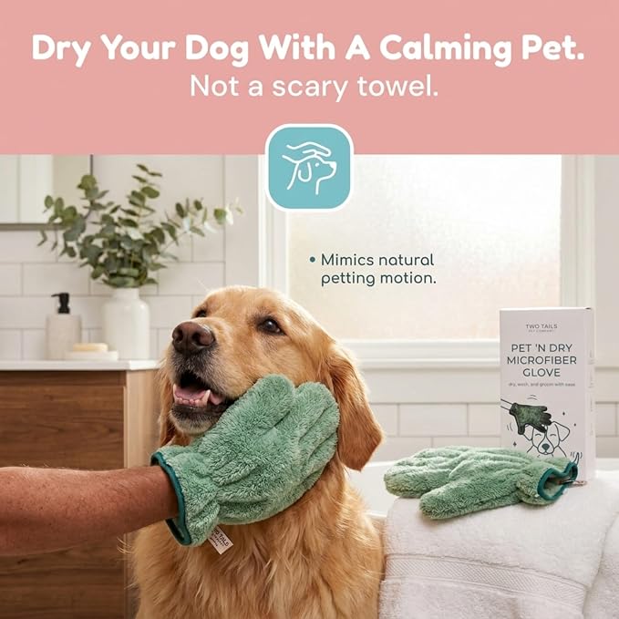 Two Tails Pet Company Pet N’ Dry Microfiber Gloves, Absorbent Dog Drying and Washing Gloves for Paws, Faces, and Coats, Soft, Lightweight, Fast Drying, Gentle on Sensitive Fur, Grooming Dog Supplies