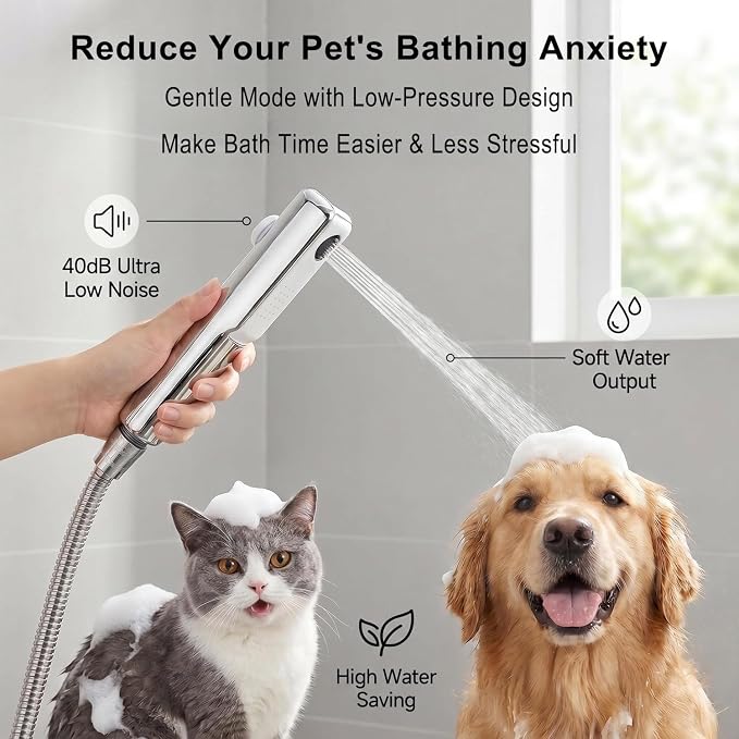 Dog Shower Attachment Kit with Handheld Sprayer – 8FT Flexible Stainless Steel Hose +Shower Arm Diverter – High Pressure Pet Bath Wand for Medium & Large Dogs, Long Thick Coat, Indoor All-Year Use