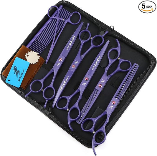7.0-Inch Dog Grooming Scissors Set Pet Grooming Kit Fishbone Teeth Thinning Shears with Forceps Hairdressing Hair Styling Tool 5 Piece (Purple)