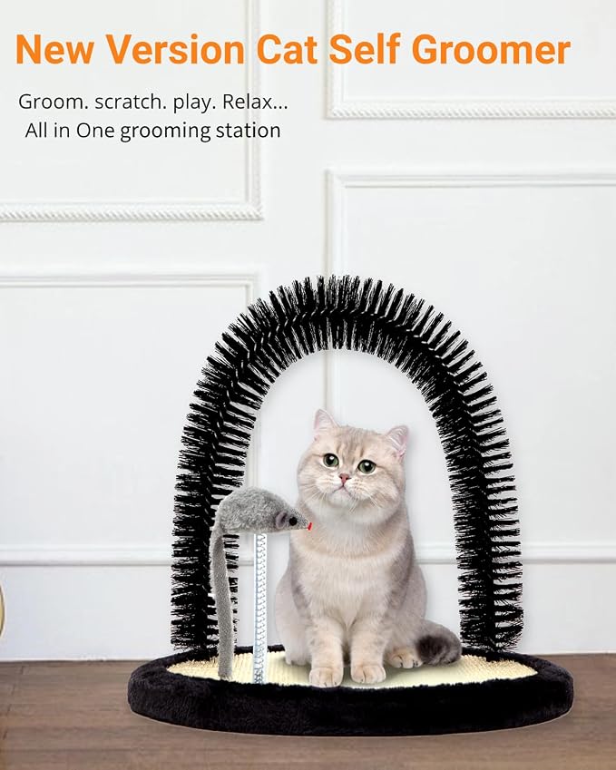 Happi N Pets Cat Self Groomer, Arch Grooming Brush wtih Heavy Duty Woven Sisal Pad, Rubbing Post & Catnip Toy, Cat Face Scratchers Body Massager, Cat Scratchers for Indoor Cats, Black