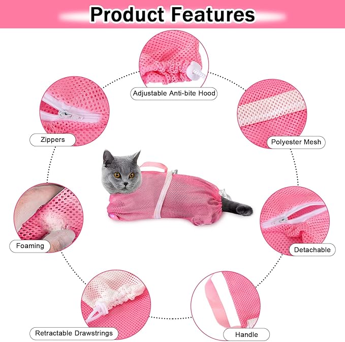 JULMELON 10PCS Cat Bathing Bag Adjustable Shower Washing Net Grooming Set | Polyester Mesh, Kitten Adult Pet Grooming, Shower Bathing Nail Trimming Examination, Brush Clipper File Comb Tick Tool Caps