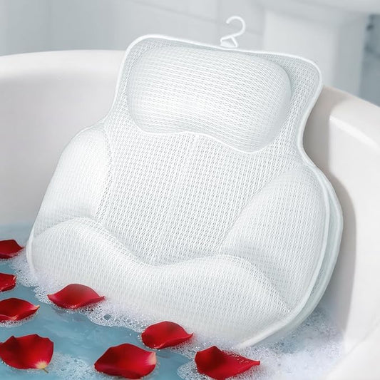 Luxury Bath Pillows for Tub with 4D Mesh Fabric - Thick and Soft Ergonomic Head Neck Back Support, Quick-Drying White Bath Pillows with Anti-Slip Suction Cups, Spa Gift for Adults and Seniors