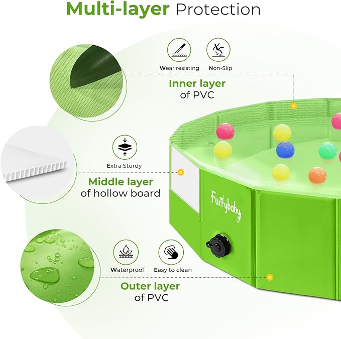 Furrybaby Dog Pool, Foldable Dog Pools for Large Dogs Portable Kiddie Pool Pet Doggie Wading Swimming PoolGreen 39''Indoor and Outdoor