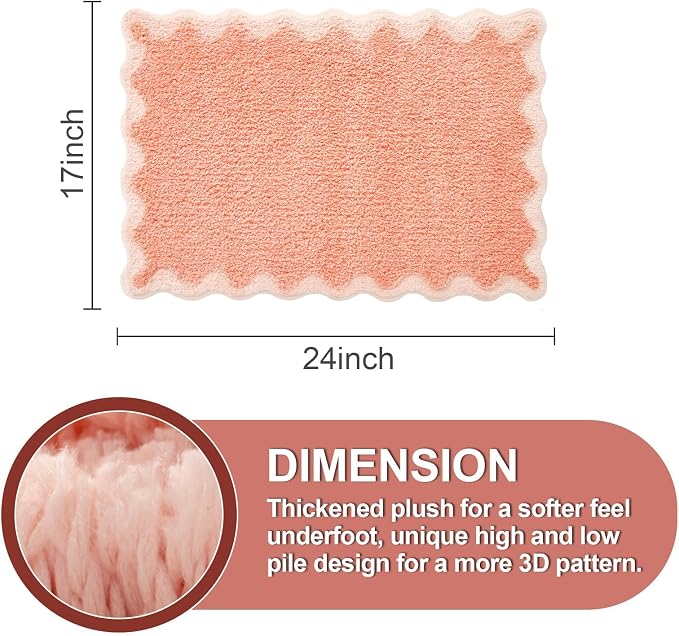 ORTIGIA Cute Coral Pink Scalloped Bath Mat, Fun Plush Microfiber Scallop Bathroom Rugs Non Slip Washable Quick Dry Absorbent, Bath Rug Carpet for Shower Stall Vanities Kitchen Floor Entrance, 17x24