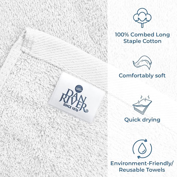 DAN RIVER White Large Bath Towels Set of 4, 27 x 54 Inches, 600 GSM Larger & Lighter Weight Towels for Bathroom - Highly Absorbent & Quick Dry 100% Cotton Bath Towel Set for Home, Gym, Spa & Hotel