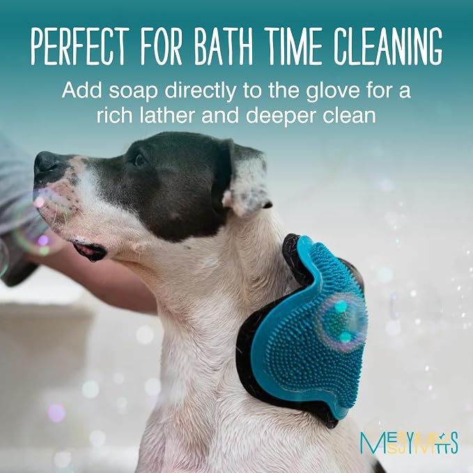 Messy Mutts Reversible Silicone Pet Grooming Glove | Gentle Massage, Brush, Bath and Dog Hair Removal Mitt | One Size Fits All | Blue