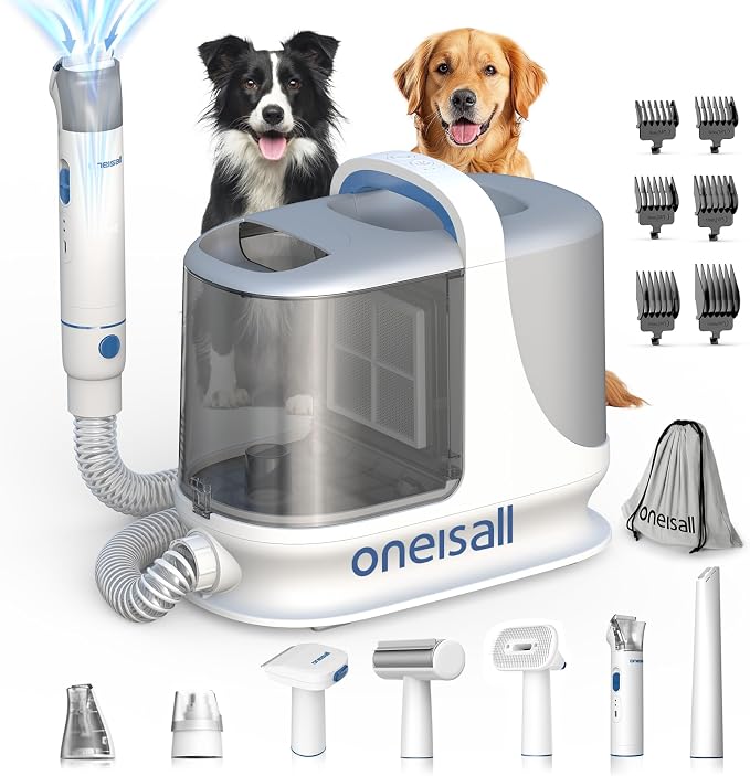 oneisall Dog Grooming Vacuum Kits with Clipper | Exatra Large 3L Dust Cup,13KPa 3 Suction,Clipper,Nail Grinder & Shedding Brush 7 in 1 Grooming Kits,Low Noise,BM3