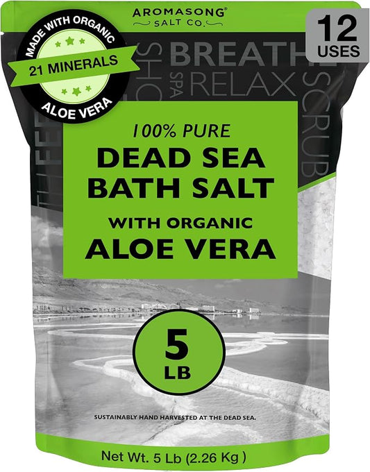 Aromasong Dead Sea Salt with Organic Aloe Vera, Spa Bath Salts, 5 Lbs Fine Bulk resealable Pack, 100% Pure & Natural, Soak for Women & Men for Tired Muscles & Skin Issues (Packaging May Vary)