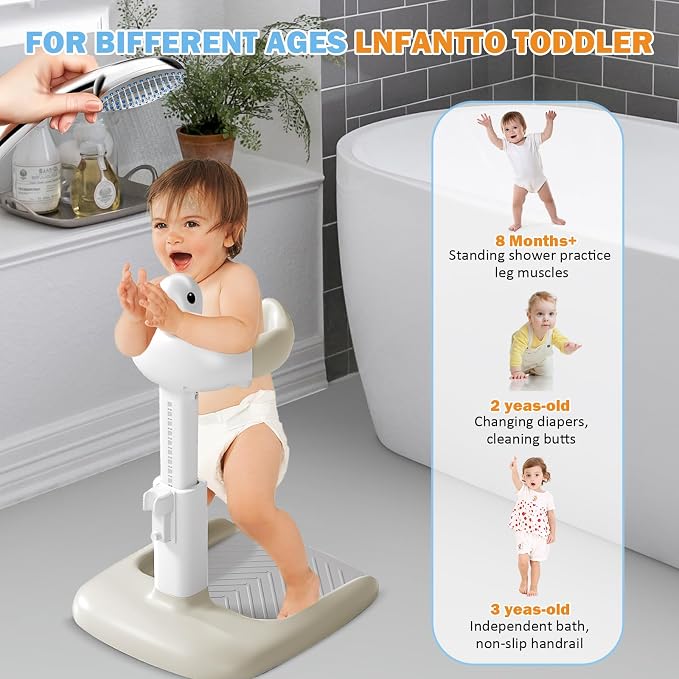 Adjustable Height Baby Shower Stand with Anti-Slip Base, Bath Shower Standing Support, Portable Bath Helper