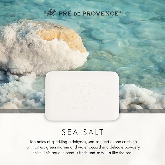 Pre de Provence Artisanal Soap Bar, Enriched with Organic Shea Butter, Natural French Skincare, Quad Milled for Rich Smooth Lather, 8.8 Ounce, Sea Salt