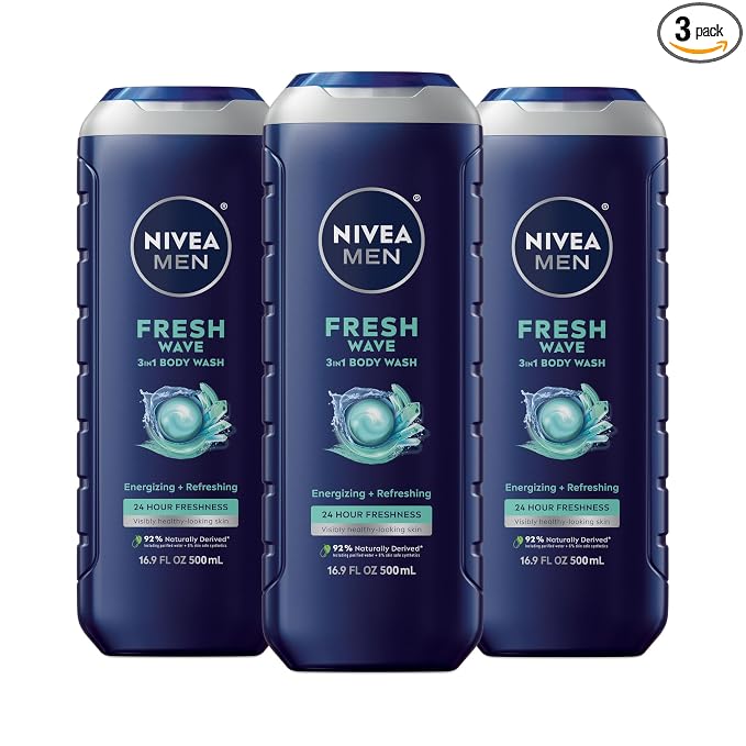 NIVEA MEN Fresh Wave Body Wash with Menthol, Refreshing Scent, 3-in-1 Men's Body Wash, Face and Hair, Paraben Free, Vegan Formula, 16.9 Fl Oz Bottle, Pack of 3