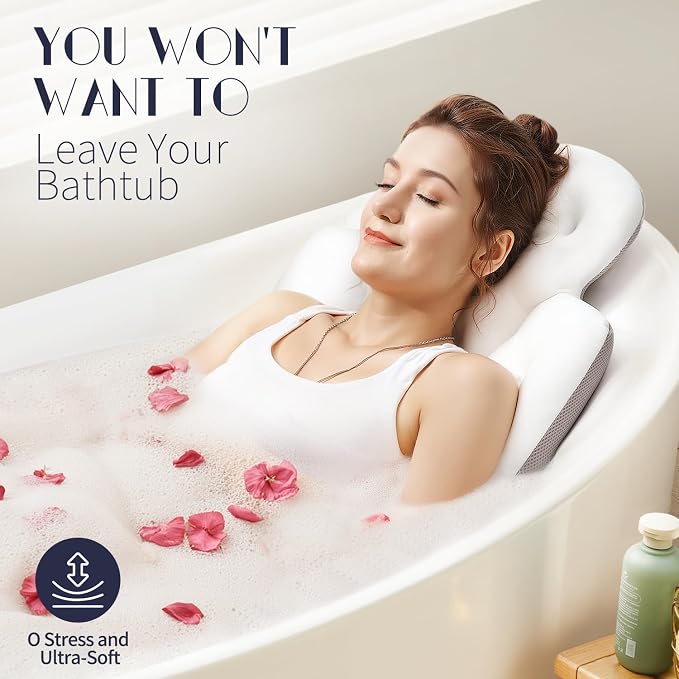 Full Body Bath Pillow for Bathtub, Thick Bathtub Cushion, Luxury Tub Pillow for Bath for Headrest Neck and Back Support White 60" x 16"