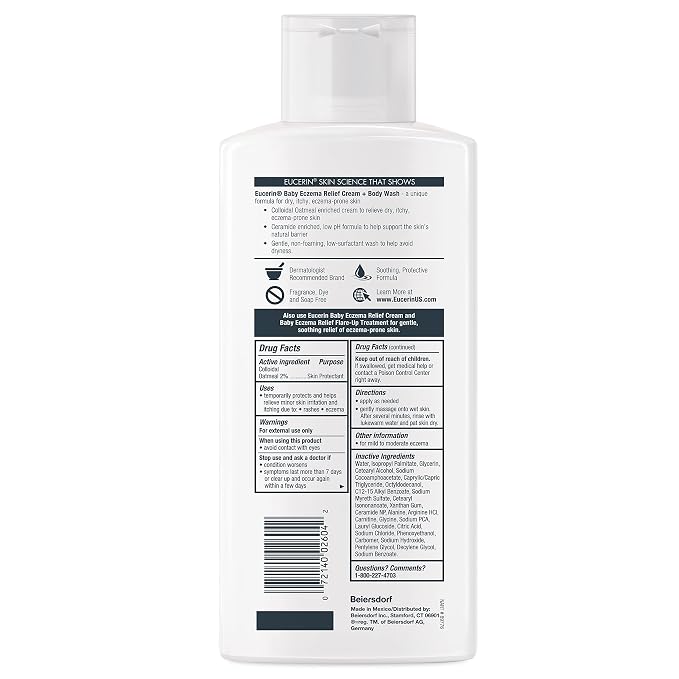 Eucerin Baby Eczema Relief Cream Body Wash, Fragrance Free Eczema Body Wash for Babies with Colloidal Oatmeal, 13.5 Fl Oz Bottle (Pack of 12)