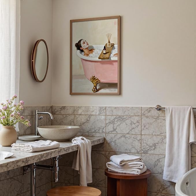 Relaxing Spa Bath Wall Art Woman with Face Mask in Pink Clawfoot Tub Poster Modern Bathroom Oil Painting Print Aesthetic Wall Decor for Powder Room Apartment 16X24 in Wrapped Framed
