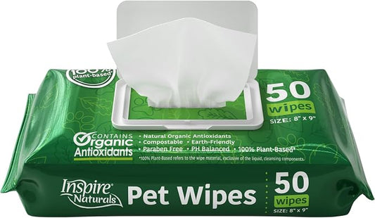 Inspire Naturals Pet Wipes for Dogs and Cats 100% Natural Plant Based with Organic Antioxidants, Dog Wipe Cleaning Deodorizing | Washcloths for Cats | Puppy Wipe for Paws and Butt (50ct - 1 Pack)