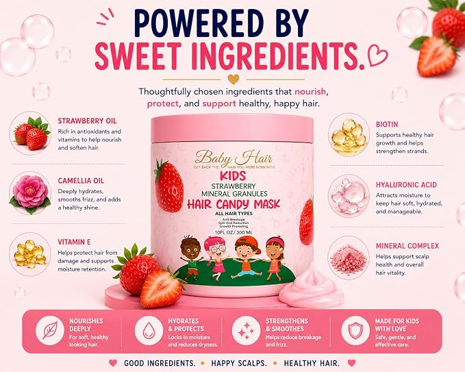 BABY HAIR Kids Strawberry Mineral Hair Candy Mask | Deep Conditioning Hair Mask for Kids | Moisturizes, Softens & Helps Detangle | Sulfate Free | 10 fl oz