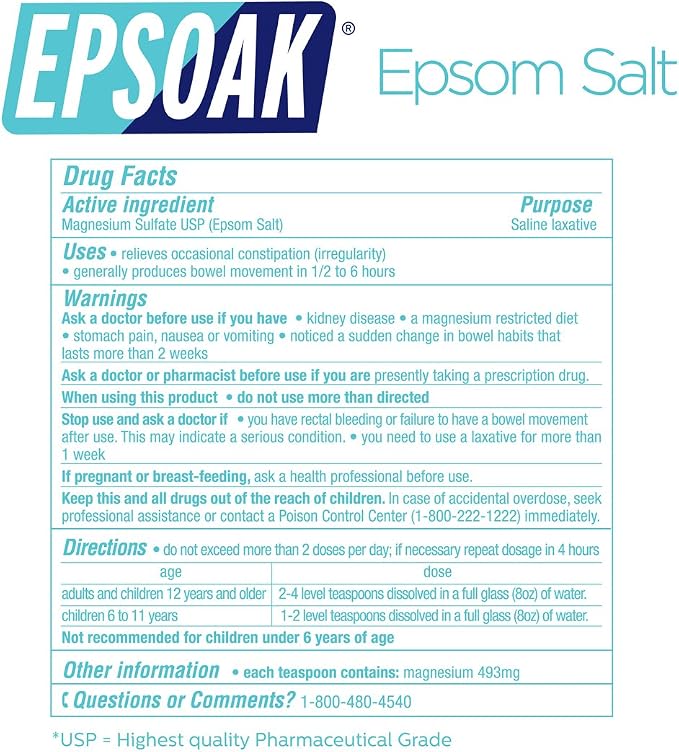 Epsoak Epsom Salt 10 lb. Magnesium Sulfate USP. Resealable Epsom Salt Bag Unscented, Made in The USA, Cruelty-Free Certified
