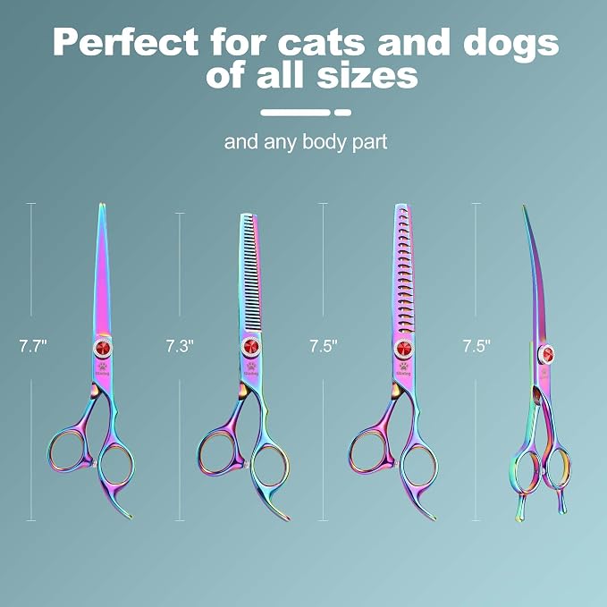 GLADOG Pro Rainbow 7 Inch Professional Pet Grooming Scissors Kit, 6-in-1 Dog Scissors, Titanium Coated, Stainless Steel, Right Handed, 5 Count