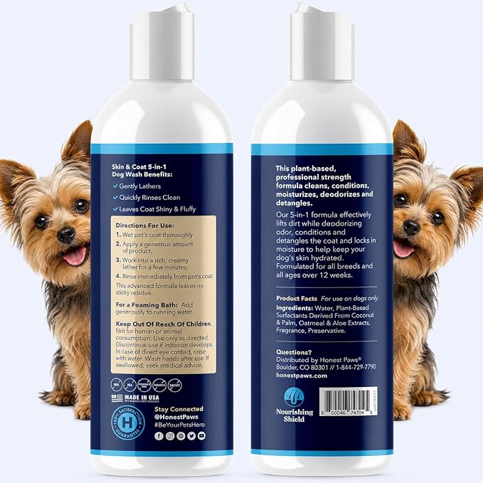 Honest Paws Dog Shampoo and Conditioner - Premium Dog Wash for Allergies Dry, Itchy, Moisturizing for Sensitive Skin - Sulfate Free Plant Based All Natural - Lightly Scented w/Odor Control -16 Fl Oz