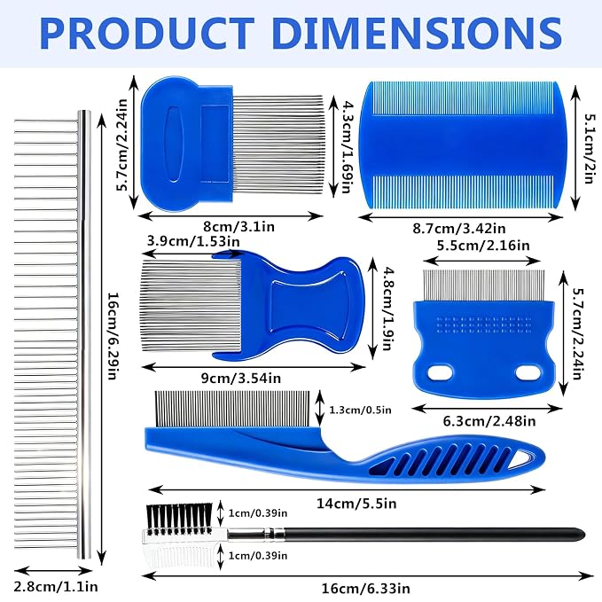 7 Pack Pet Grooming Comb Set for Dogs & Cats, Stainless Steel Rounded Teeth Combs, Detangling Comb, Flea Comb, Tear Stain Remover, Eye Hair Grooming Tools for Small Medium Large Pets