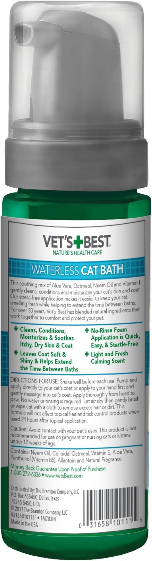 Vet's Best Waterless Cat Bath, No Rinse Waterless Dry Shampoo for Cats, Veterinarian Formulated Cat Shampoo, Kitten Shampoo, 4 oz