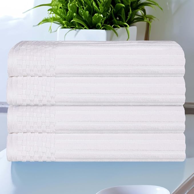 Superior 4 Piece Cotton Bath Towel Set, Includes 4 Bath Towels, Daily Use for Bathroom, Guest Bath, Quick Dry, Spa, Resort Towels, Ribbed, Absorbent, Home Essentials, Soho Collection, White