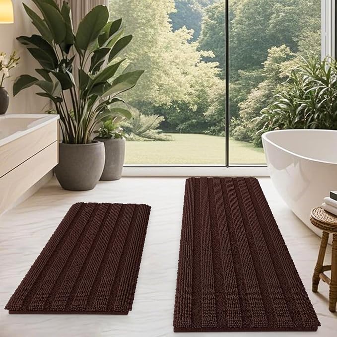 ACCUMTEK Striped Brown Bathroom Rug Mat Set 2 piece 24"x17"+48"x20" Ultra Soft, Non Slip Chenille Bath Rugs, Absorbent Plush Shaggy Bath Mats for Bathroom, Bedroom, Kitchen, Shower, Tub