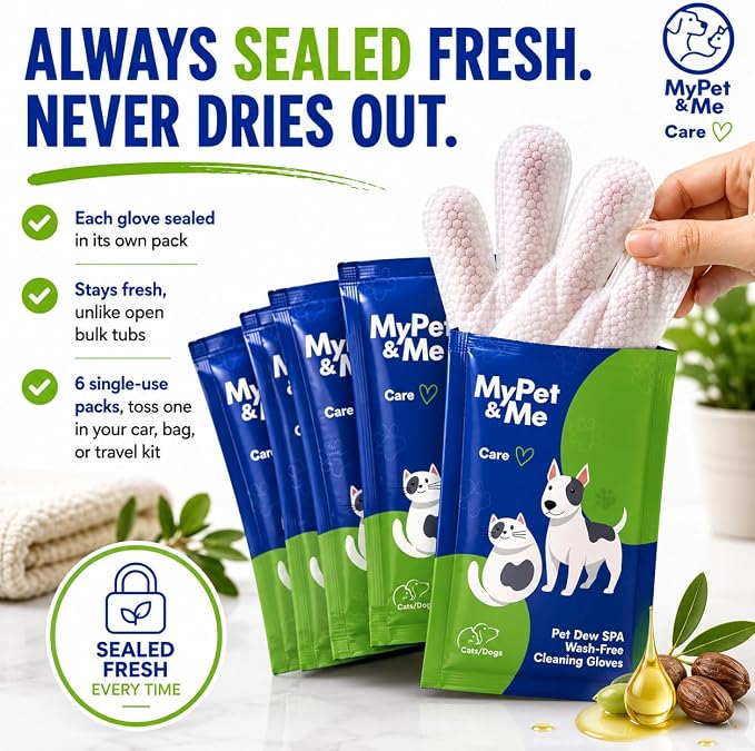 My Pet & Me Pet Glove Wipes for Dogs & Cats with Olive & Jojoba Oil, No-Rinse Five-Finger Cleaning Gloves, Individually Wrapped Grooming Mittens for Between Baths, Paws, Face & Body, 6 Count
