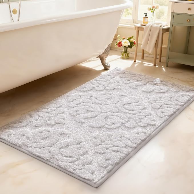 LUMI Bathroom Rugs Non Slip Rubber Backing, Ultra Soft Microfiber Bath Mat Machine Washable, Elegant Floral Bath Rugs for Shower Floor, Bathtub, Sink, 24x36, White