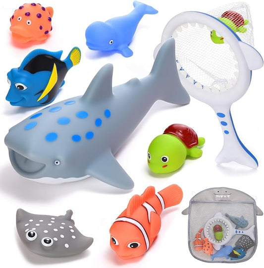 Baby Bath Toys for Kids Ages 1-3, No Hole Water Toys for 6-12 Months Infants and Toddlers, Baby Shark Toys for Pool, Bathtub, Beach, Shower, Boys Girls Gifts with Storage Bag
