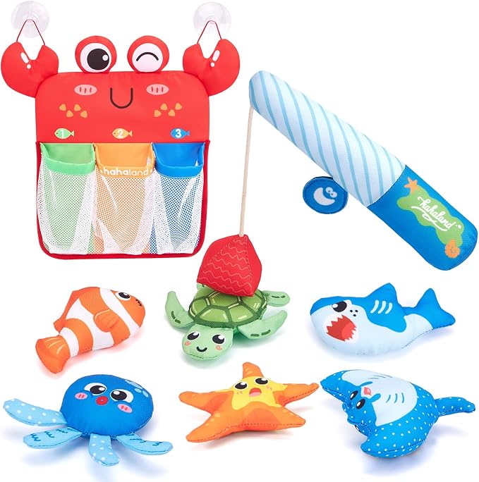 hahaland Bath Toys for Kids Ages 1-3 - Soft Magnetic Fishing Toys with Color Sorting Mesh, Mold Free Bathtub Shower Water Toy Toddler Educational Learning Shower Pool Toy for 1 Year Old Boy Girl Gifts