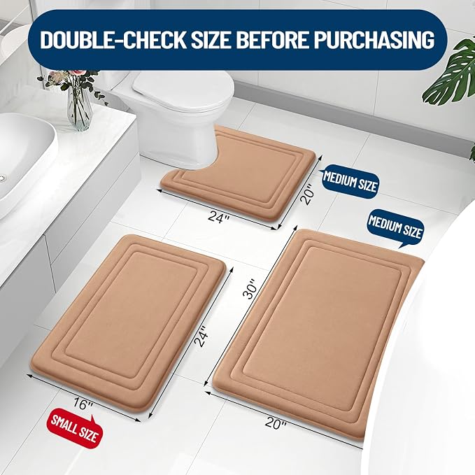 Grandaily Memory Foam Bath Mat Rug 24x16, Ultra Soft, Non-Slip and Absorbent Bathroom Rugs, Machine Wash Dry, Comfortable Bath Carpet for Bathroom Floor, Tub and Shower, Dark Beige