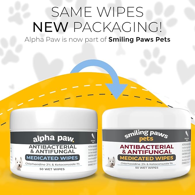 Smiling Paws Pets - Antibacterial & Antifungal Wipe for Dogs & Cats - Contains Ketoconazole & Chlorhexidine - Skin Treatment for Yeast Infection, Ringworm, Pyoderma, Bacteria & Fungus - 50ct (2 Pack)